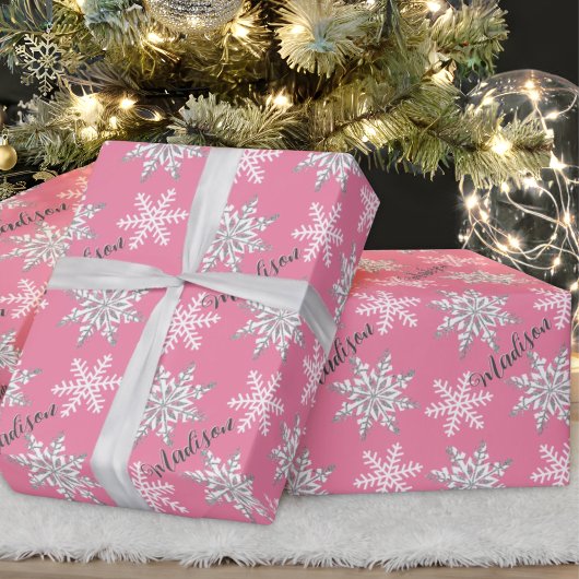 Persoonlijke naam Silver Snowflake Pink Gift Cadeaupapier