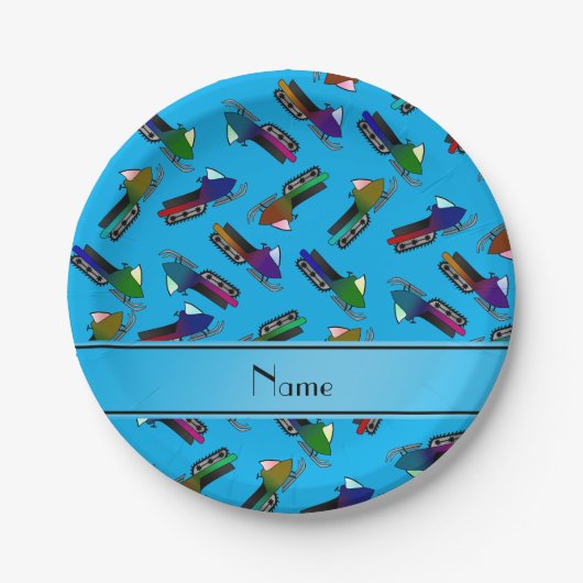 Persoonlijke naam sky blauwe sneeuwscooters papieren bordje (Voorkant)