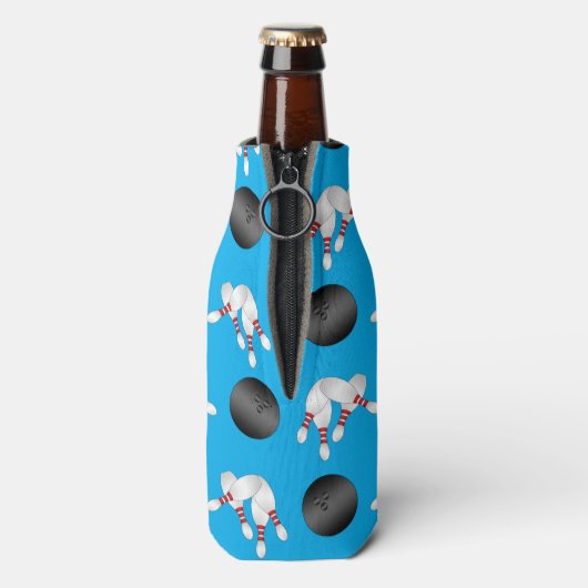 Persoonlijke naam sky blue bowling-patroon flesjeskoeler (Fles Achterkant)