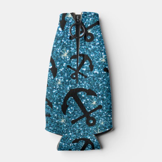 Persoonlijke naam sky blue glitter ankers flesjeskoeler (Achterkant)
