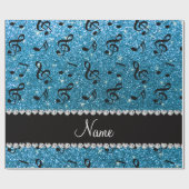 Persoonlijke naam sky blue glitter muzieknoten cadeaupapier (Vlak)