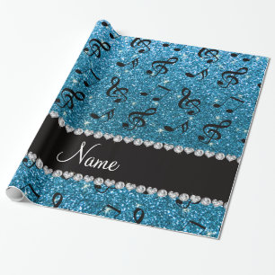 Persoonlijke naam sky blue glitter muzieknoten cadeaupapier