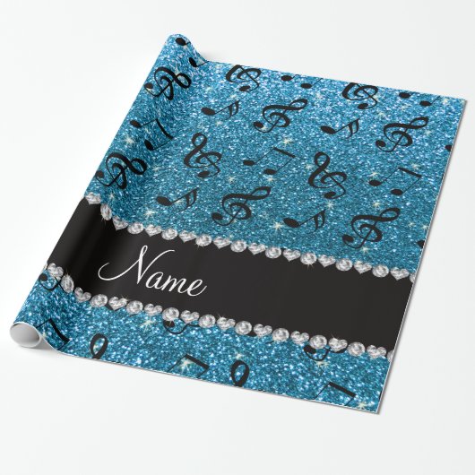 Persoonlijke naam sky blue glitter muzieknoten cadeaupapier (Uitgerold)