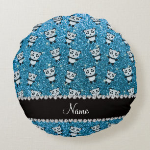 Persoonlijke naam sky blue glitter pandas rond kussen