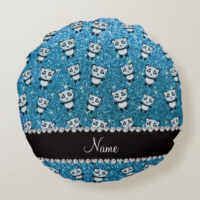 Persoonlijke naam sky blue glitter pandas rond kussen (Achterkant)