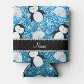 Persoonlijke naam sky blue glitter pinguins igloos blikjeskoeler (Voorkant)