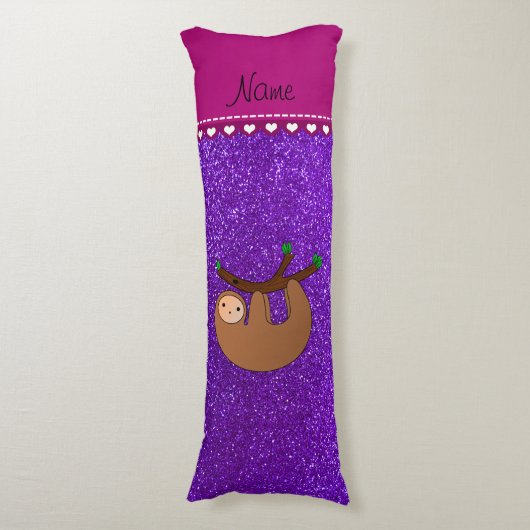 Persoonlijke naam sloth indigo paarse glitter lichaamskussen (Voorkant Verticaal)