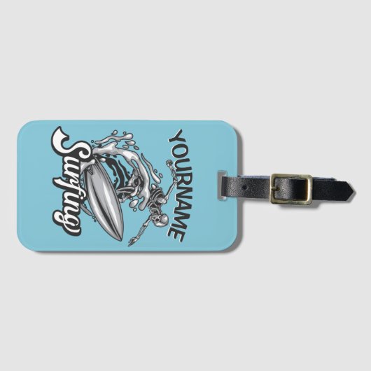 Persoonlijke NAAM Surfer Big Wave Skeleton Surfing Bagagelabel (Voorkant (horizontaal))