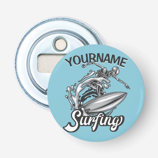 Persoonlijke NAAM Surfer Big Wave Skeleton Surfing Button Flesopener (Voorkant)