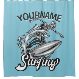 Persoonlijke NAAM Surfer Big Wave Skeleton Surfing Douchegordijn