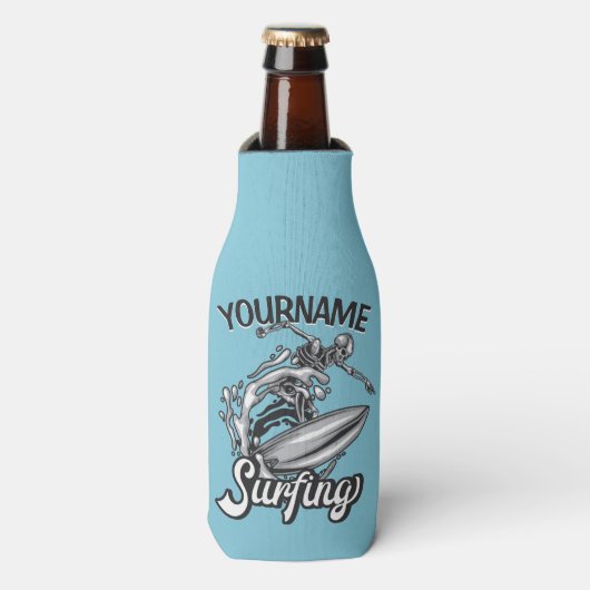 Persoonlijke NAAM Surfer Big Wave Skeleton Surfing Flesjeskoeler (Fles Voorkant)