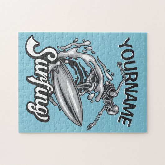 Persoonlijke NAAM Surfer Big Wave Skeleton Surfing Legpuzzel (Horizontaal)