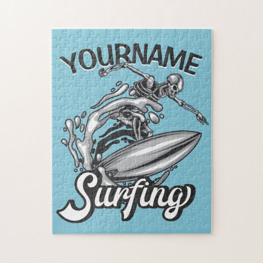Persoonlijke NAAM Surfer Big Wave Skeleton Surfing Legpuzzel (Verticaal)