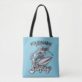 Persoonlijke NAAM Surfer Big Wave Skeleton Surfing Tote Bag