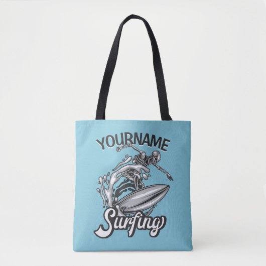 Persoonlijke NAAM Surfer Big Wave Skeleton Surfing Tote Bag (Voorkant)