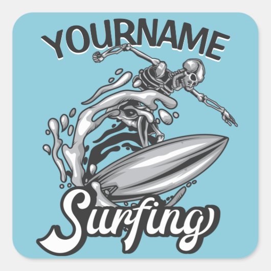 Persoonlijke NAAM Surfer Big Wave Skeleton Surfing Vierkante Sticker (Voorkant)