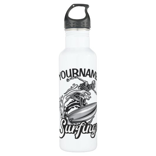 Persoonlijke NAAM Surfer Big Wave Skeleton Surfing Waterfles (Voorkant)