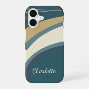 Persoonlijke naam Teal Beige Retro Abstracte Curve iPhone 16 Hoesje