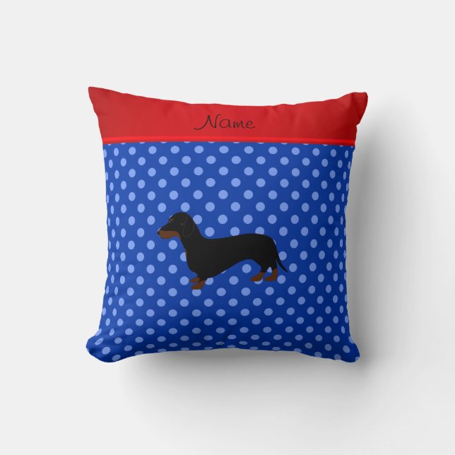 Persoonlijke naam teckel blauwe polka stippen kussen (Voorkant)