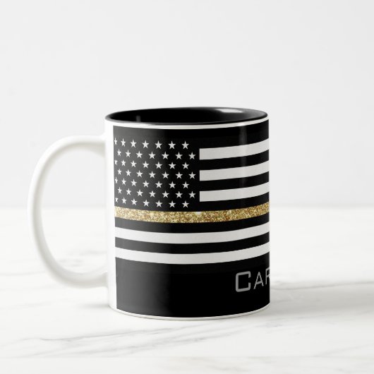 Persoonlijke naam Thin Gold Line Glitter Flag Tweekleurige Koffiemok (Links)