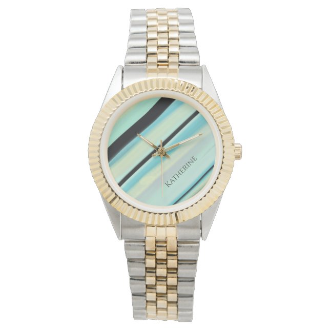 Persoonlijke naam Tranquil Turquoise Strepen  Horloge (Voorkant)