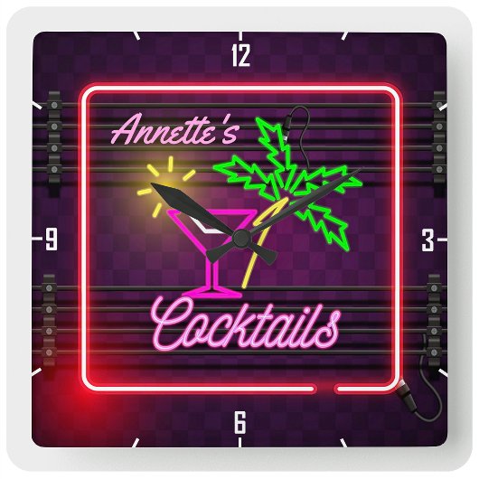 Persoonlijke naam Tropische Neon Style Cocktail Ba Vierkante Klok