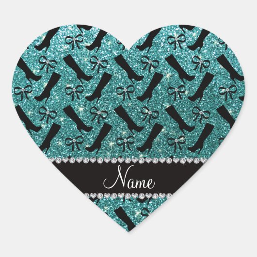 Persoonlijke naam turquoise glitter boows hart sticker (Voorkant)
