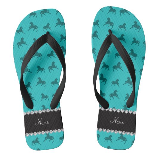 Persoonlijke naam turquoise-paard patroon teenslippers (Voetbed)