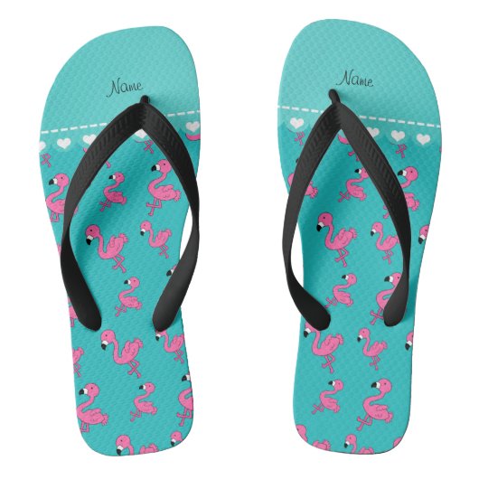 Persoonlijke naam turquoise roze flamingos teenslippers (Voetbed)
