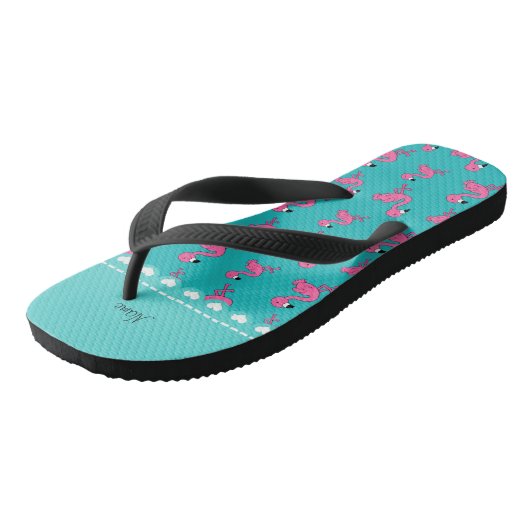 Persoonlijke naam turquoise roze flamingos teenslippers (Schuin)