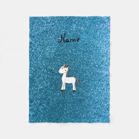 Persoonlijke naam unicorn blue glitter fleece deken (Voorkant)