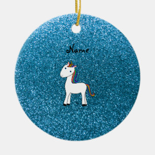 Persoonlijke naam unicorn blue glitter keramisch ornament