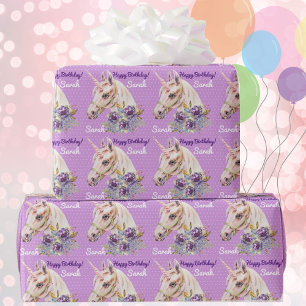 Persoonlijke naam Unicorn Girls Birthday Gift Cadeaupapier