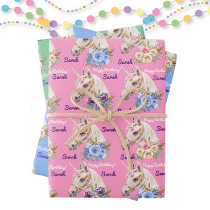 Persoonlijke naam Unicorn Girl's Birthday Party Inpakpapier Vel