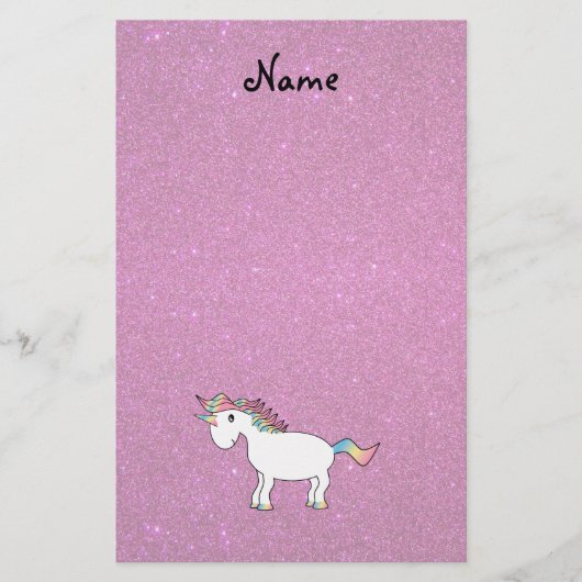 Persoonlijke naam unicorn roze glitter briefpapier (Voorkant)