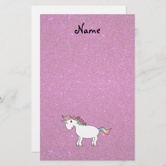 Persoonlijke naam unicorn roze glitter briefpapier (Voorkant / Achterkant)