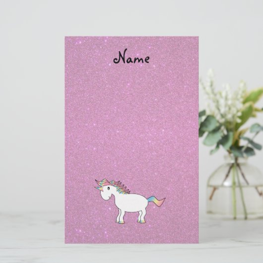 Persoonlijke naam unicorn roze glitter briefpapier (Staand voorkant)