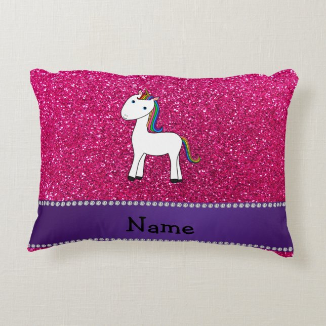 Persoonlijke naam unicorn roze glitter decoratief kussen (Achterkant)