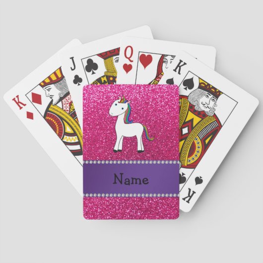 Persoonlijke naam unicorn roze glitter speelkaarten (Achterkant)