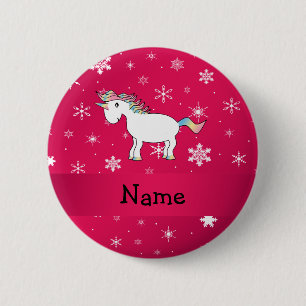 Persoonlijke naam unicorn roze sneeuwvlokken ronde button 5,7 cm