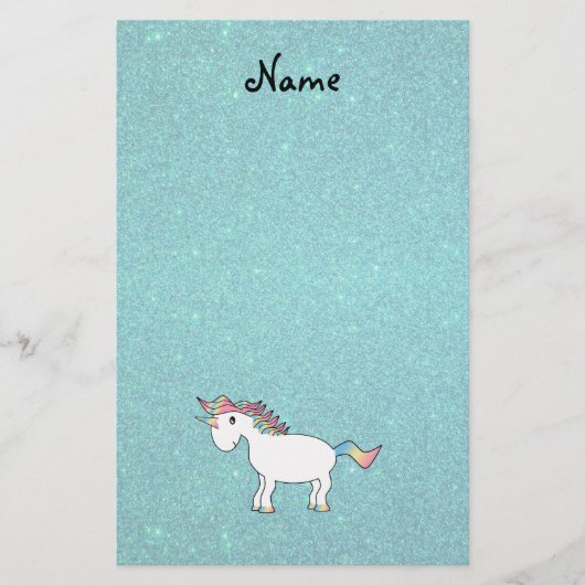 Persoonlijke naam unicorn turquoise glitter briefpapier (Voorkant)