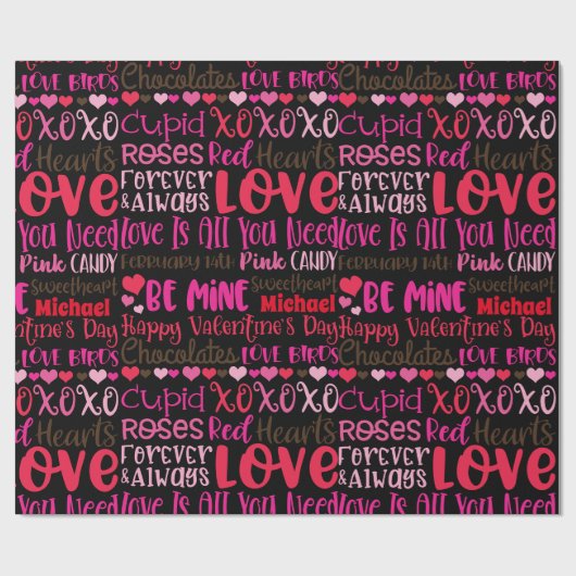 Persoonlijke naam Valentijnsdag roze rood harten Cadeaupapier (Vlak)