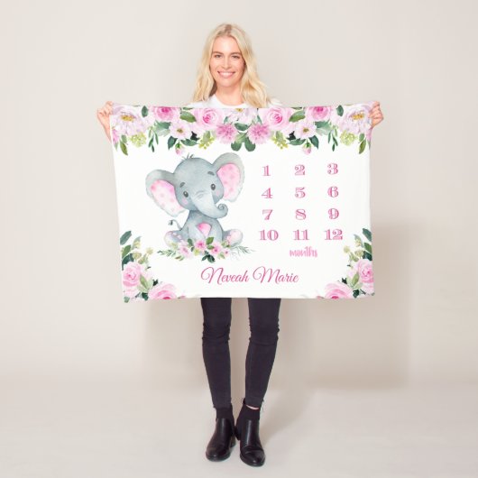 Persoonlijke naam van babymeisje Elephant Mileston Fleece Deken (In situ)