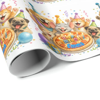 Persoonlijke naam verjaardags pizza feest dieren cadeaupapier