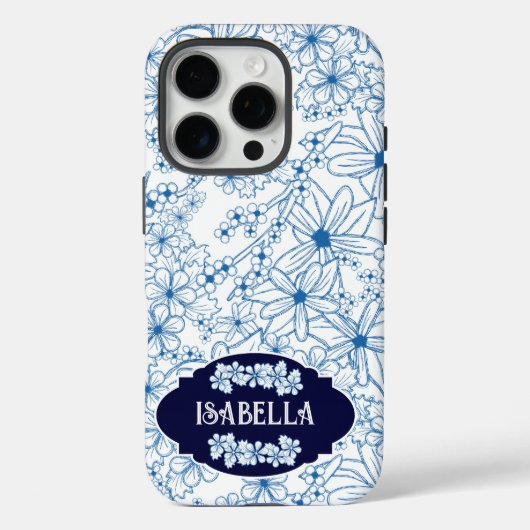 Persoonlijke Naam Vrouwelijk Blauw Bloemmotief Case-Mate iPhone Case (Achterkant)