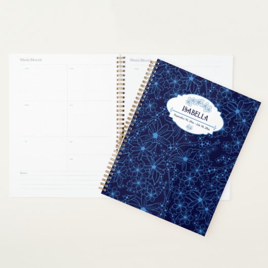 Persoonlijke naam vrouwelijk blauw bloempatroon planner (Display)