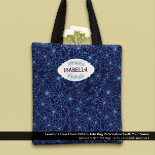 Persoonlijke naam vrouwelijk blauw bloempatroon tote bag