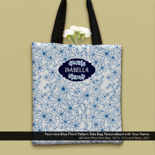 Persoonlijke naam vrouwelijk blauw bloempatroon tote bag