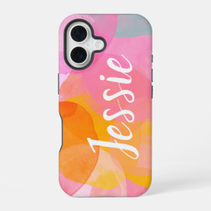 Persoonlijke naam waterverf abstract roze schrift iPhone 16 hoesje