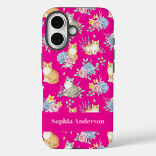 Persoonlijke naam waterverfkatten en bloemen iPhone 16 hoesje
